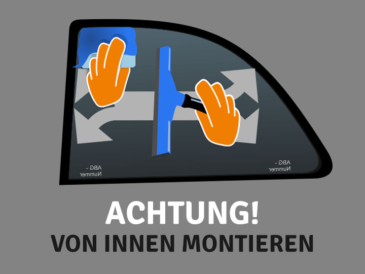 Fixiere die Folie jetzt zunächst mit dem Wasserabzieher indem Du vorsichtig aber mit Druck in horizontalen Bahnen von der Mitte nach außen über die Folienfläche streichst. Als Gleitmittel kannst Du auch hier etwas Montageflüssigkeit verwenden. Wiederhole den Vorgang mit einem festeren Rakel bis die Flüssigkeit zwischen Folie und Scheibe gut ausgerakelt wurde. Streiche die Restfeuchte auch an den Kanten heraus. Hülle dazu den Rakel ggf. in ein weiches, saugfähiges Papiertuch. Fixiere die Folie jetzt zunächst mit dem Wasserabzieher indem Du vorsichtig aber mit Druck in horizontalen Bahnen von der Mitte nach außen über die Folienfläche streichst. Als Gleitmittel kannst Du auch hier etwas Montageflüssigkeit verwenden. Wiederhole den Vorgang mit einem festeren Rakel bis die Flüssigkeit zwischen Folie und Scheibe gut ausgerakelt wurde. Streiche die Restfeuchte auch an den Kanten heraus. Hülle dazu den Rakel ggf. in ein weiches, saugfähiges Papiertuch.