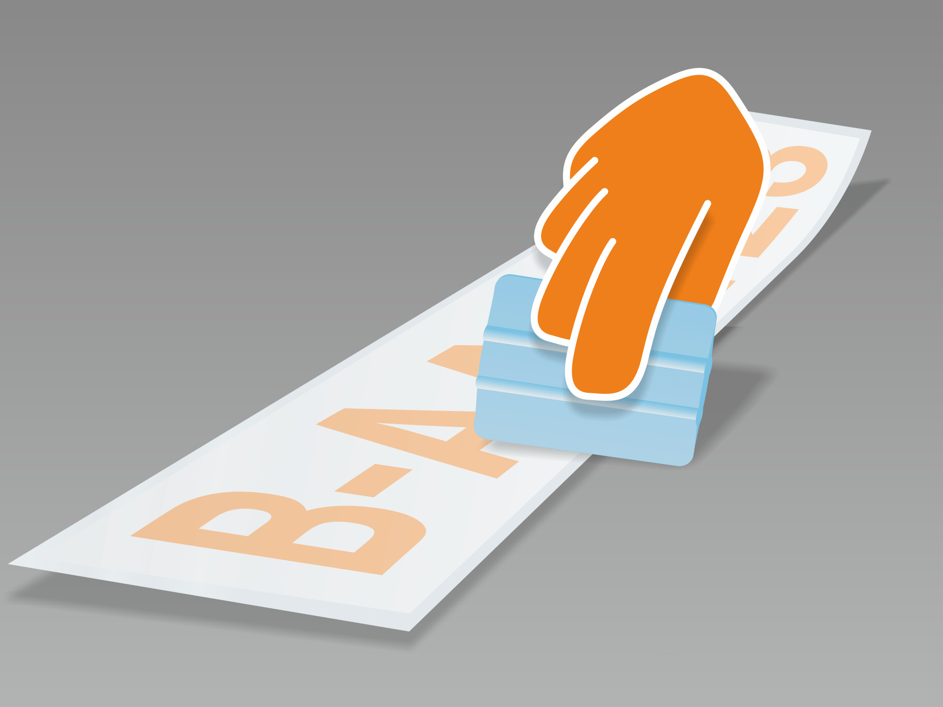 Aufkleber flach ausrollen und mit Rakel (oder Kreditkarte) fest über Vorder- und Rückseite streichen.