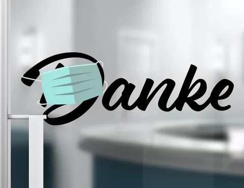 Aufkleber Danke-Schriftzug mit Maske Aufkleber Danke-Schriftzug mit Maske