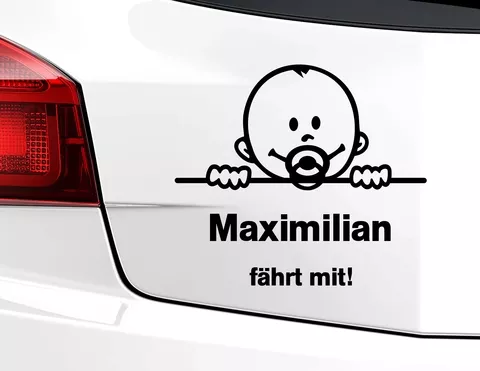 Aufkleber "Baby-Junge fährt mit" süßes Motiv mit Wunschnamen Aufkleber "Baby-Junge fährt mit" süßes Motiv mit Wunschnamen