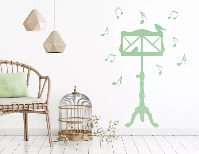Wandtattoo "Notenständer Goldkehlchen" mit 2 Vögeln & Noten
