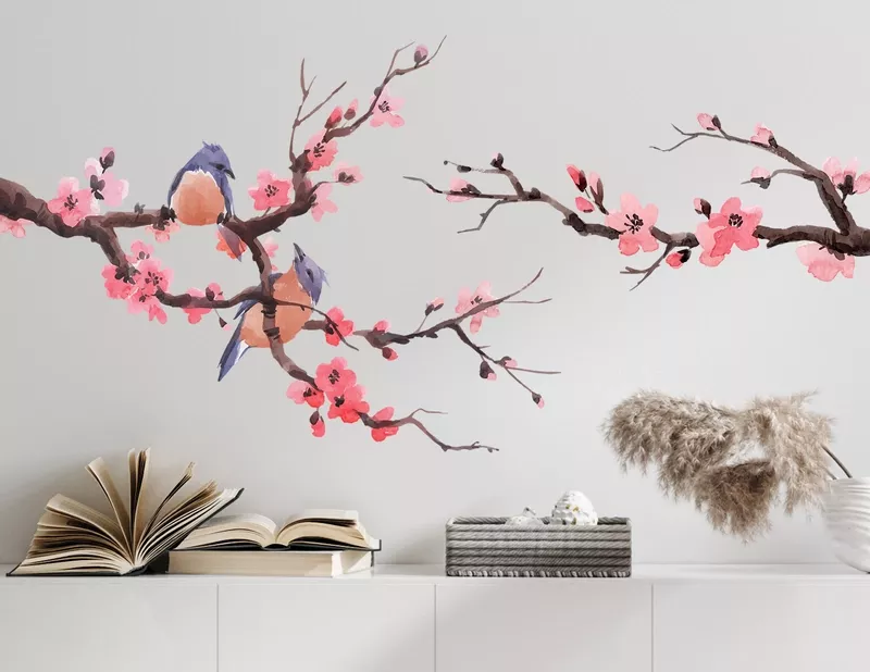 Wandtattoo Vogelpaar auf Kirschblütenzweig