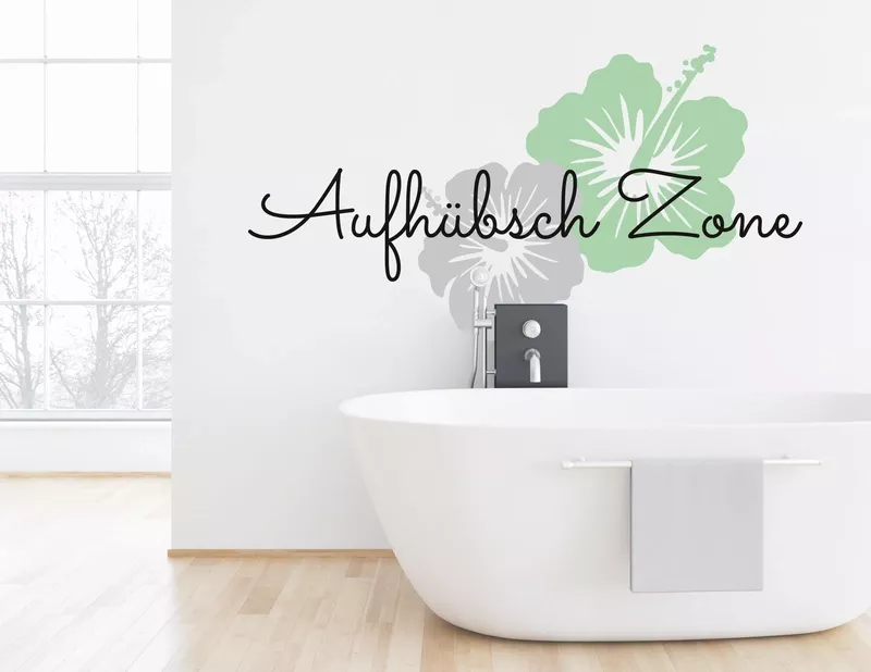 Wandtattoo „Aufhübsch Zone“ mit Hibiskus für die Schminkecke
