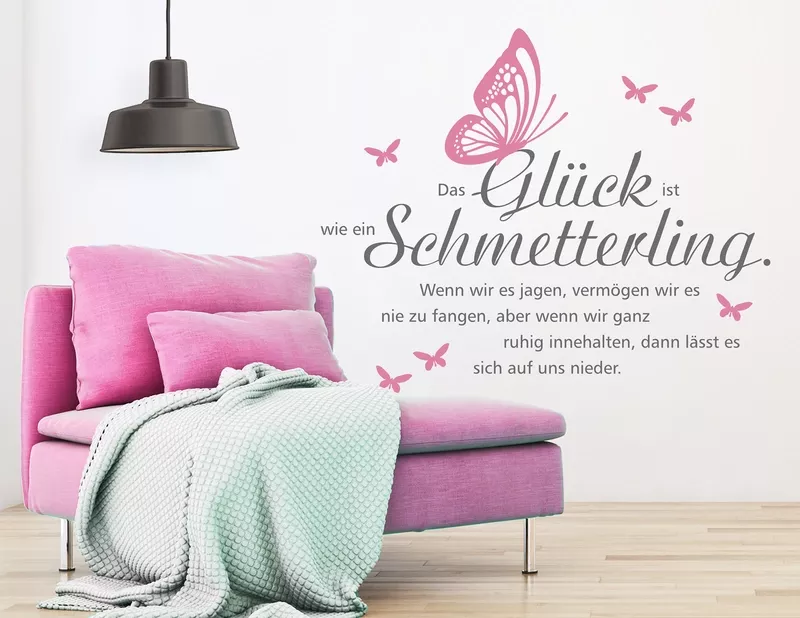 Wandtattoo Schmetterling Glück mit schönem Zitat.