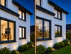 Sonnenschutzfolie Static Medium am Abend: Links ohne Folie / rechts mit Folie